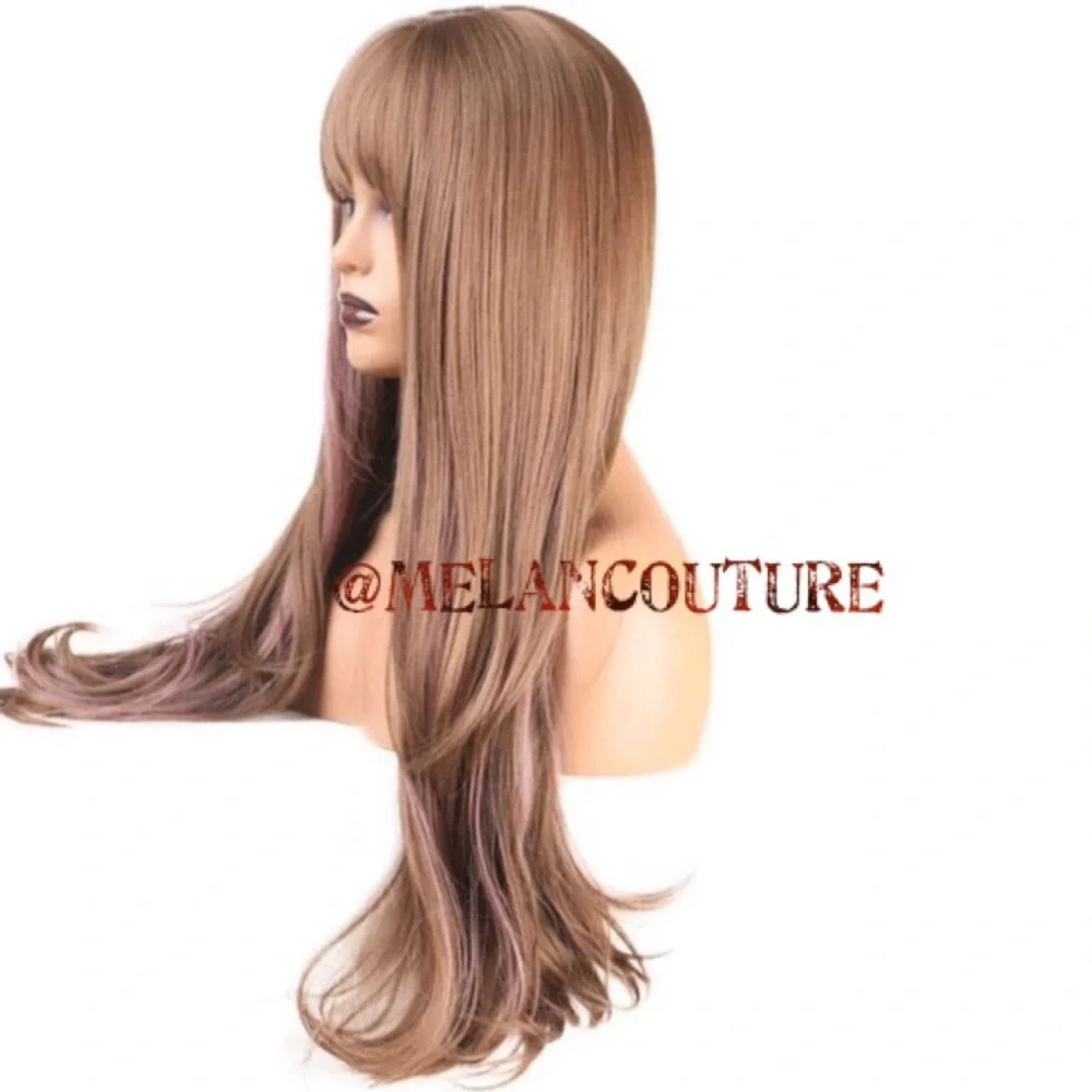 Natural Wave Synthetic Wig Bangs Glueless Cosplay Costume 24 inches pink brown